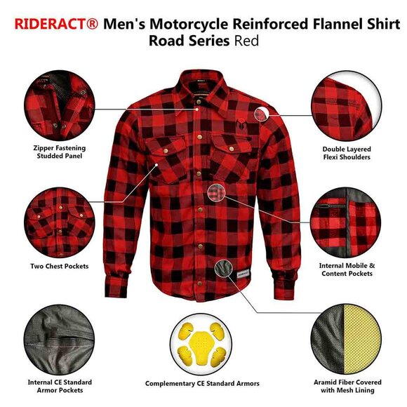 RIDERACT® Western Style Flannel Shirts Checked Red Men Shirt With CE Armors - Picture 7 of 8